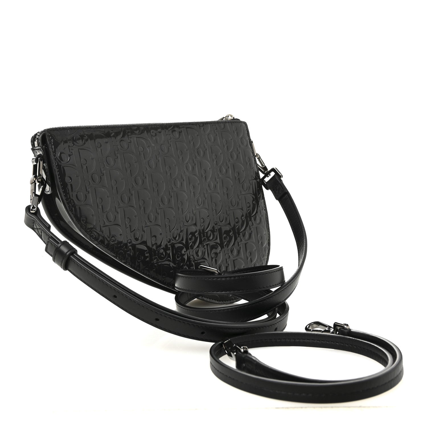 Patent Oblique Embossed Saddle Boxy Bag Black