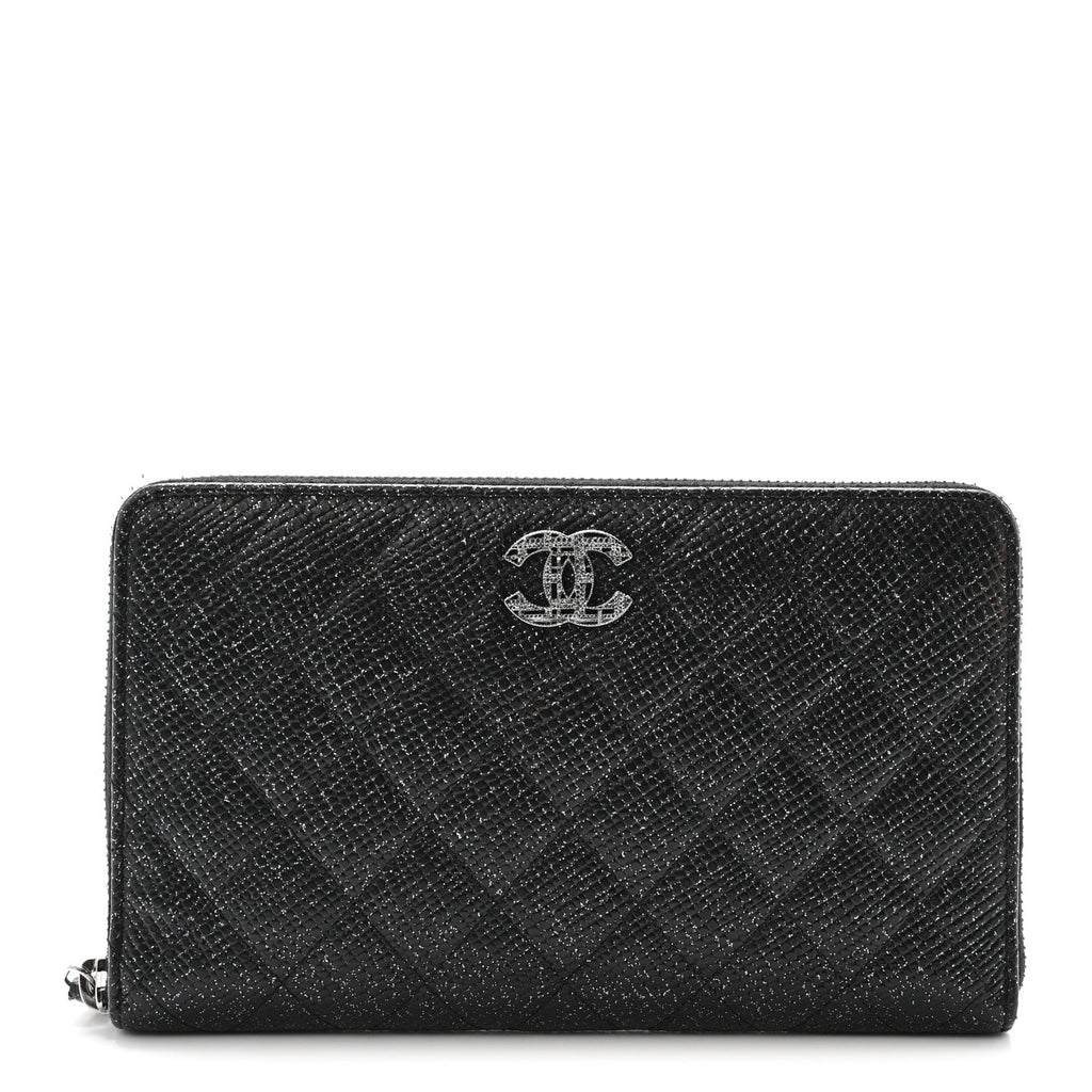 Glittered Calfskin Quilted Large Zip Around Organizer Wallet Black