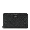 Glittered Calfskin Quilted Large Zip Around Organizer Wallet Black