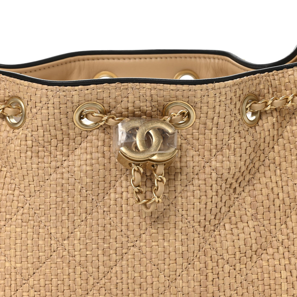 Braided Raffia Calfskin Quilted Mini Chanel 25 Handbag Beige Black