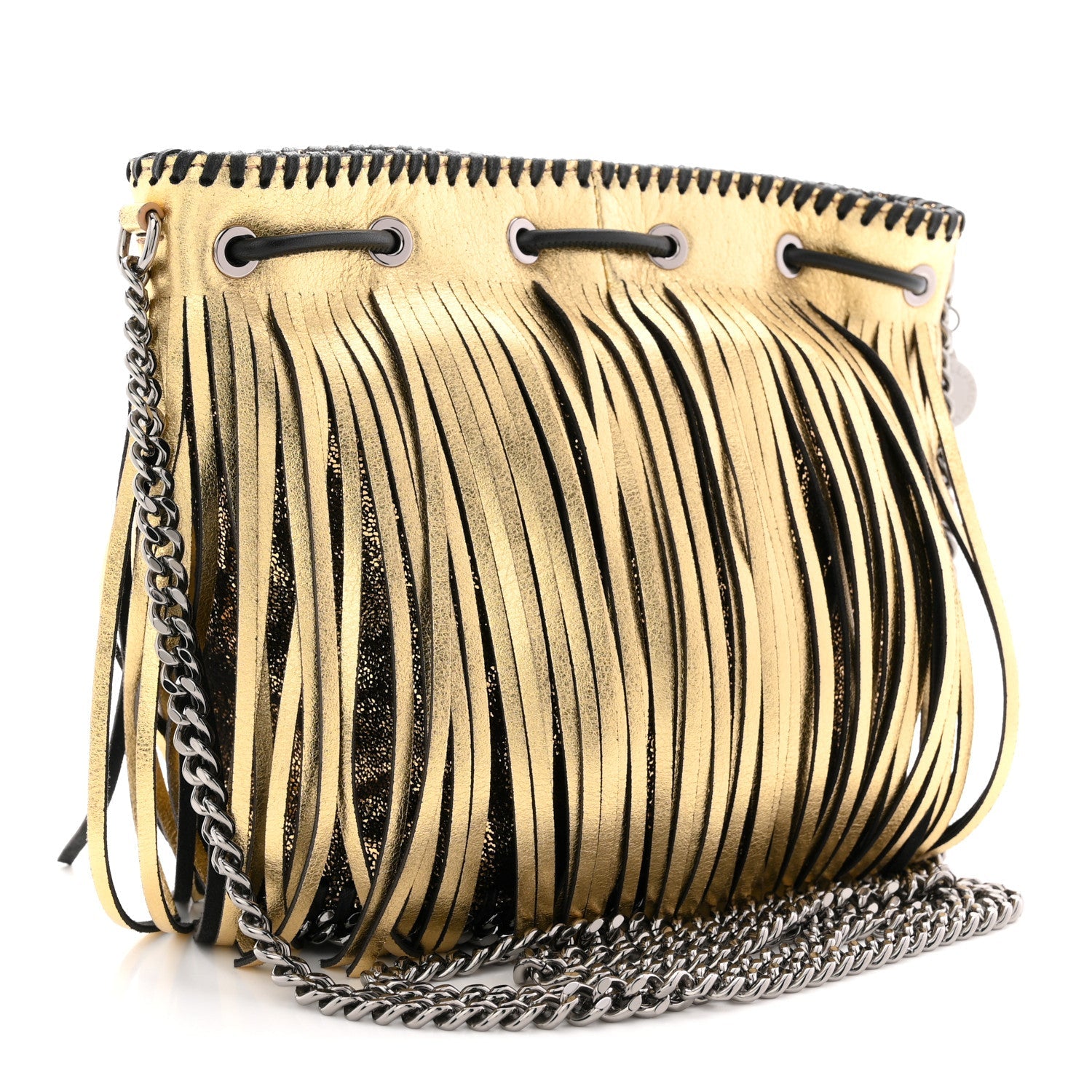 Metallic Shaggy Deer Fringe Falabella Bucket Bag Gold Black