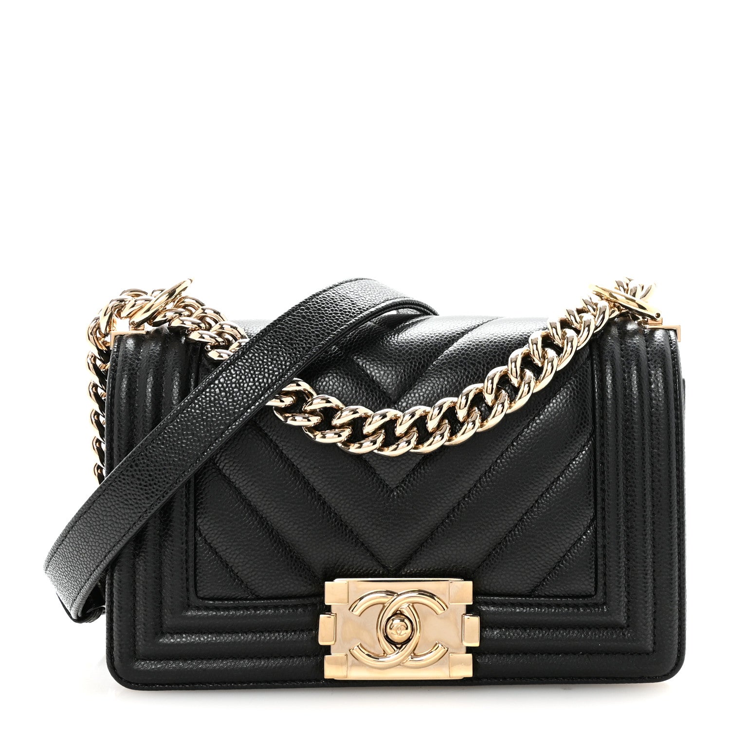 Caviar Chevron Quilted Small Boy Flap Black