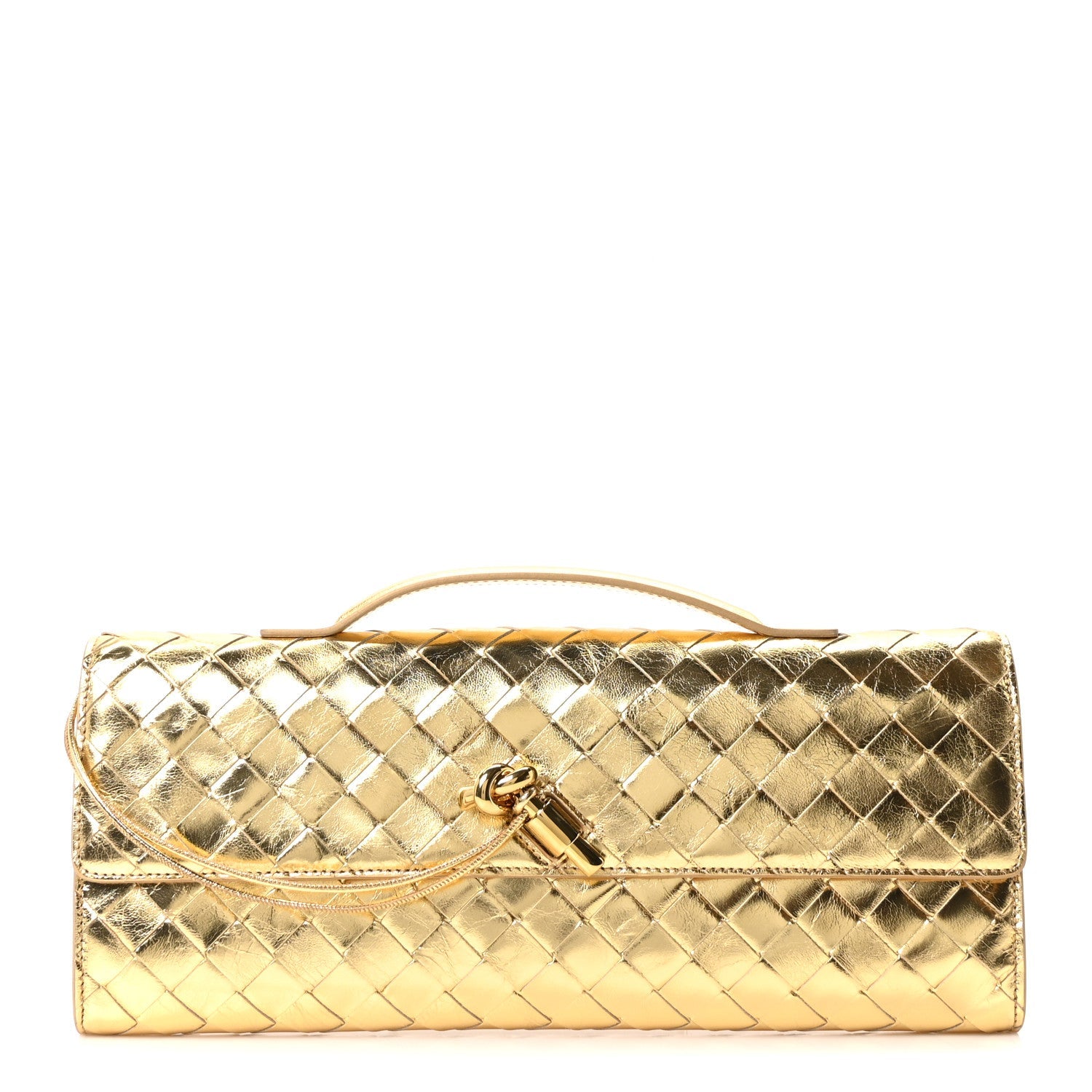 Metallic Lambskin Intrecciato Long Andiamo Top Handle Clutch Gold
