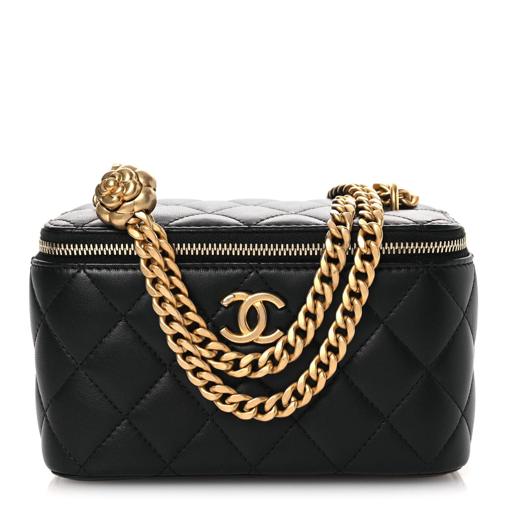 Lambskin Quilted Camellia Vanity Case Black