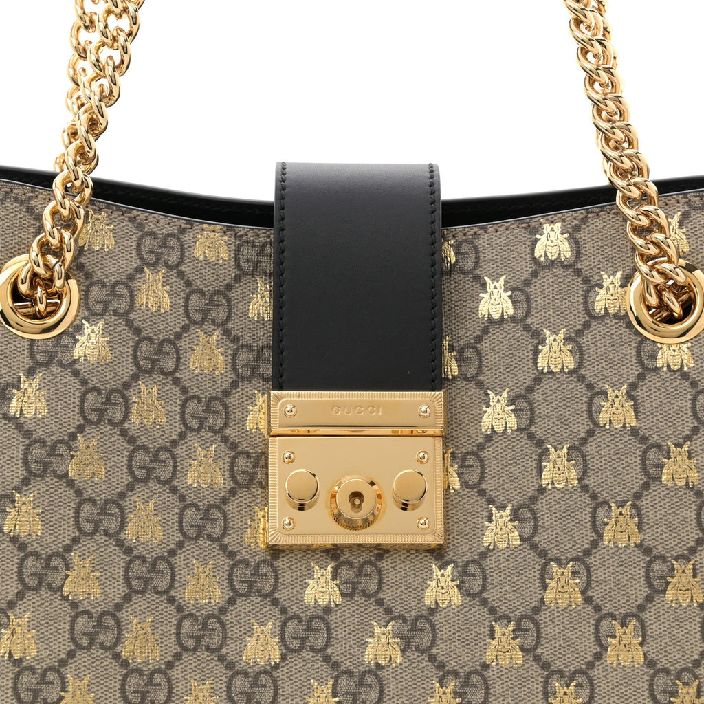 GG Supreme Monogram Bees Medium Padlock Tote Beige Oro Black