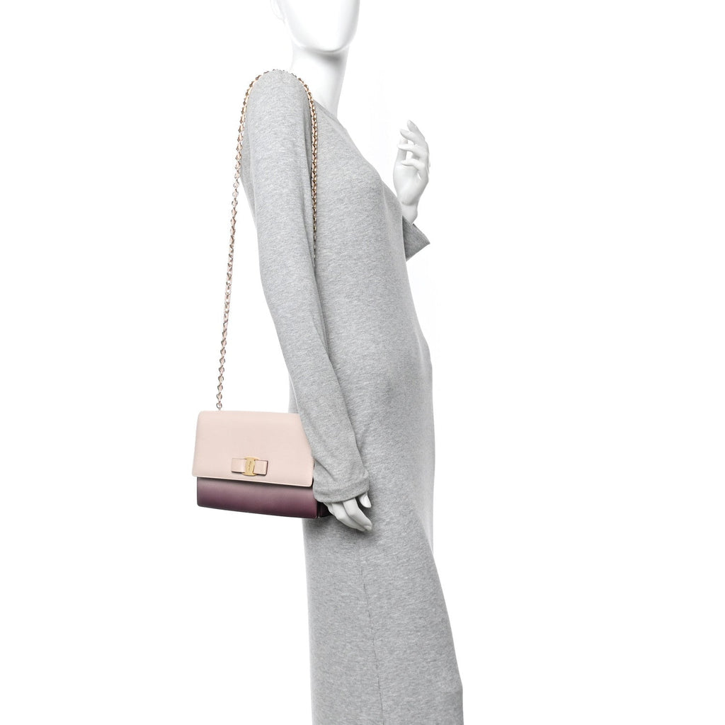 Hammered Calfskin Vara Bow Chain Flap Crossbody  Pink Purple