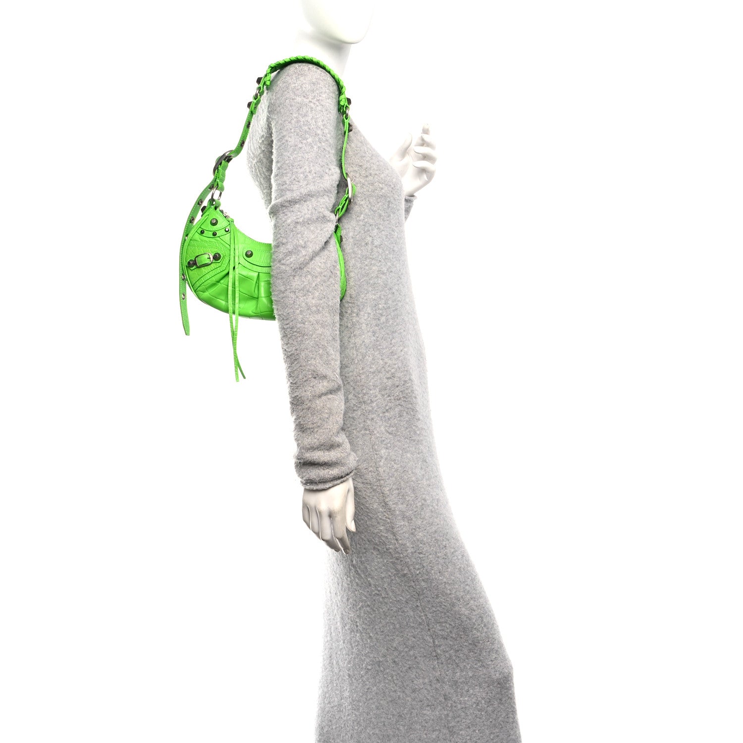 Extra Supple Calfskin Crocodile Embossed Le Cagole Shoulder Bag XS Acid Green