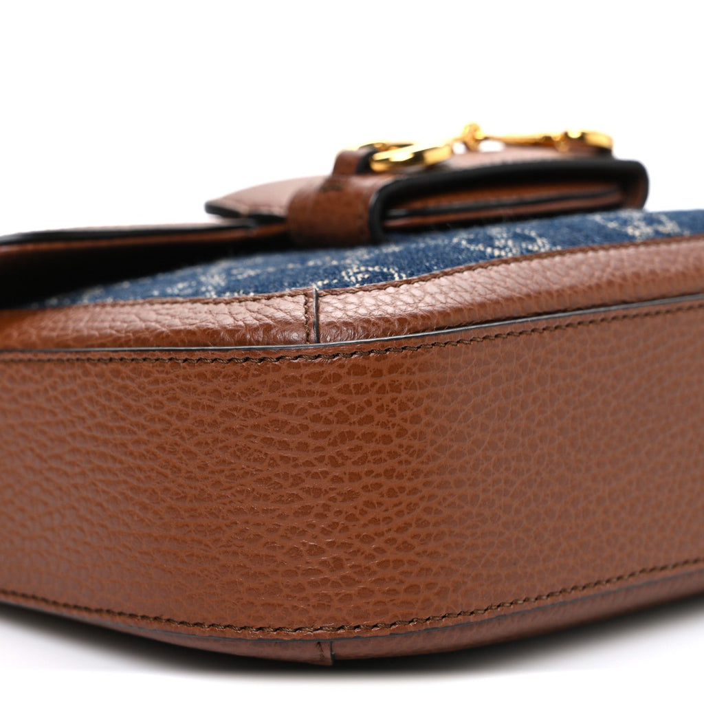 New Denim GG Monogram Dollar Calfskin Web Mini Horsebit 1955 Shoulder Bag Blue Tea Cuir Epilog