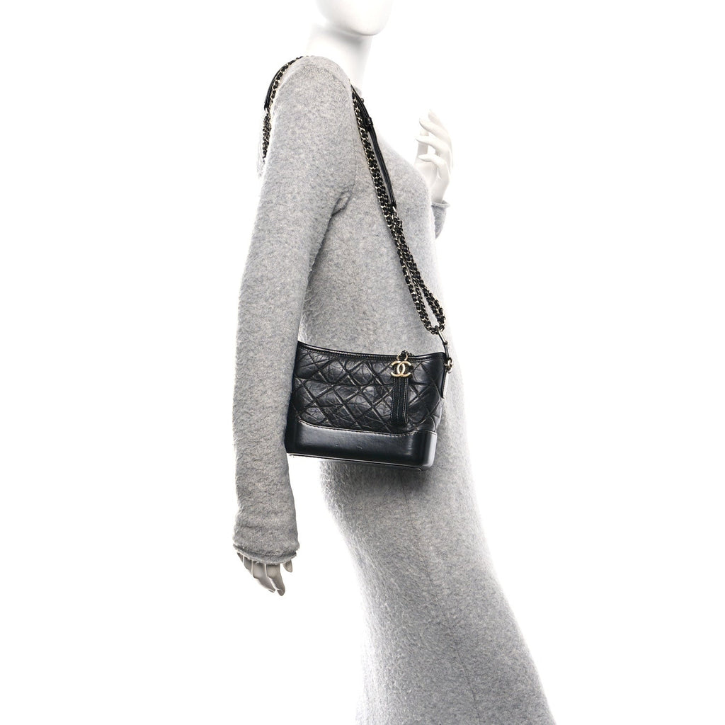 Aged Calfskin Quilted Small Gabrielle Hobo Black