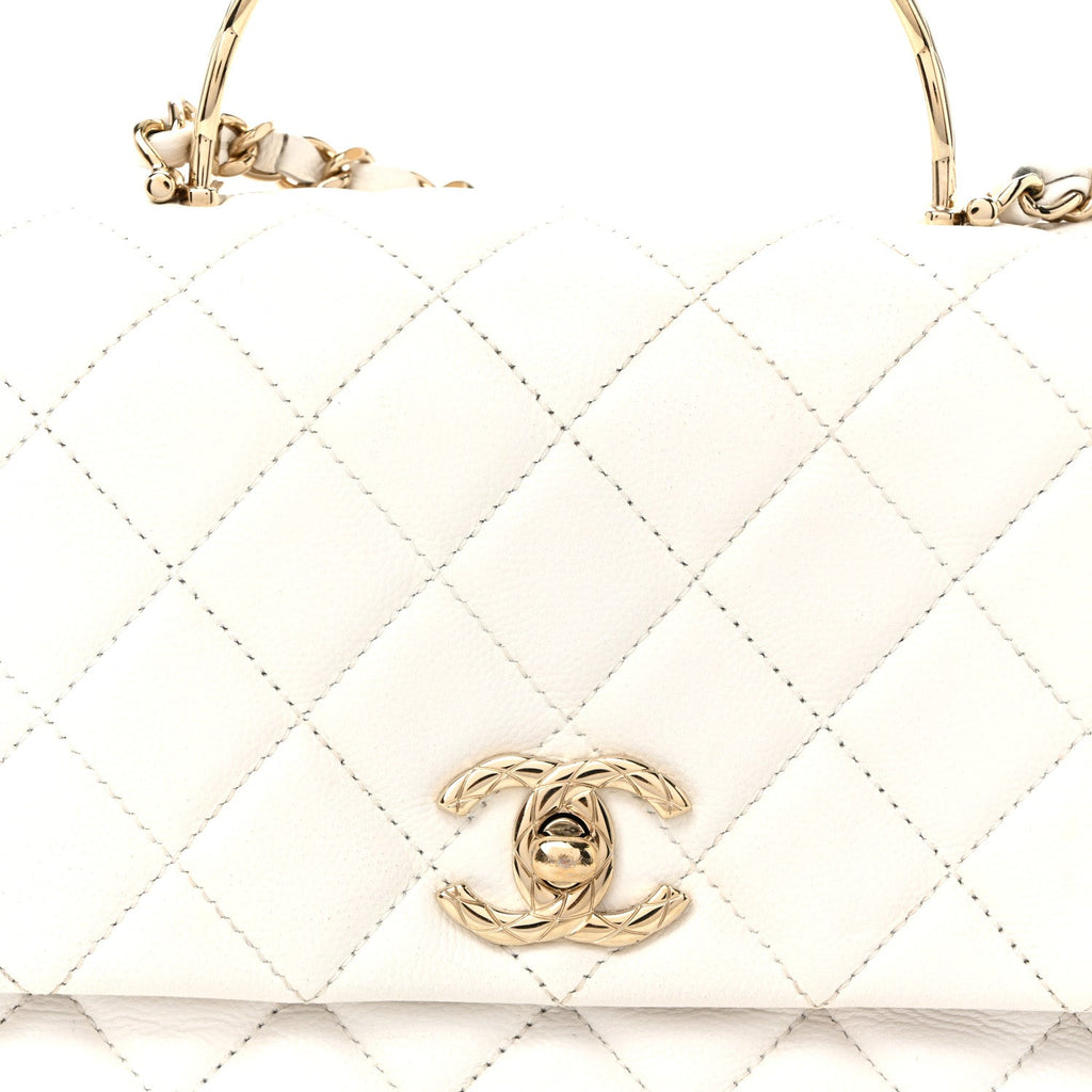 Caviar Quilted Small Top Handle Flap With Chain White