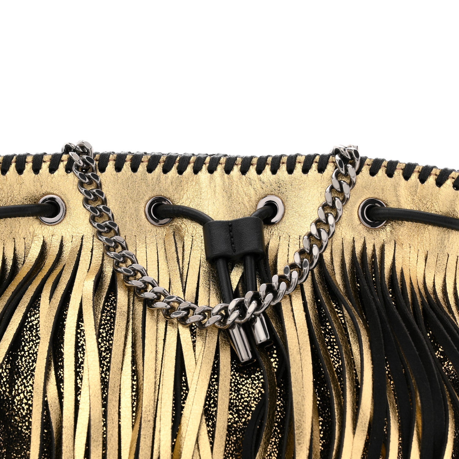 Metallic Shaggy Deer Fringe Falabella Bucket Bag Gold Black
