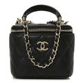 Lambskin Quilted Top Handle Mini Vanity Case With Chain Black
