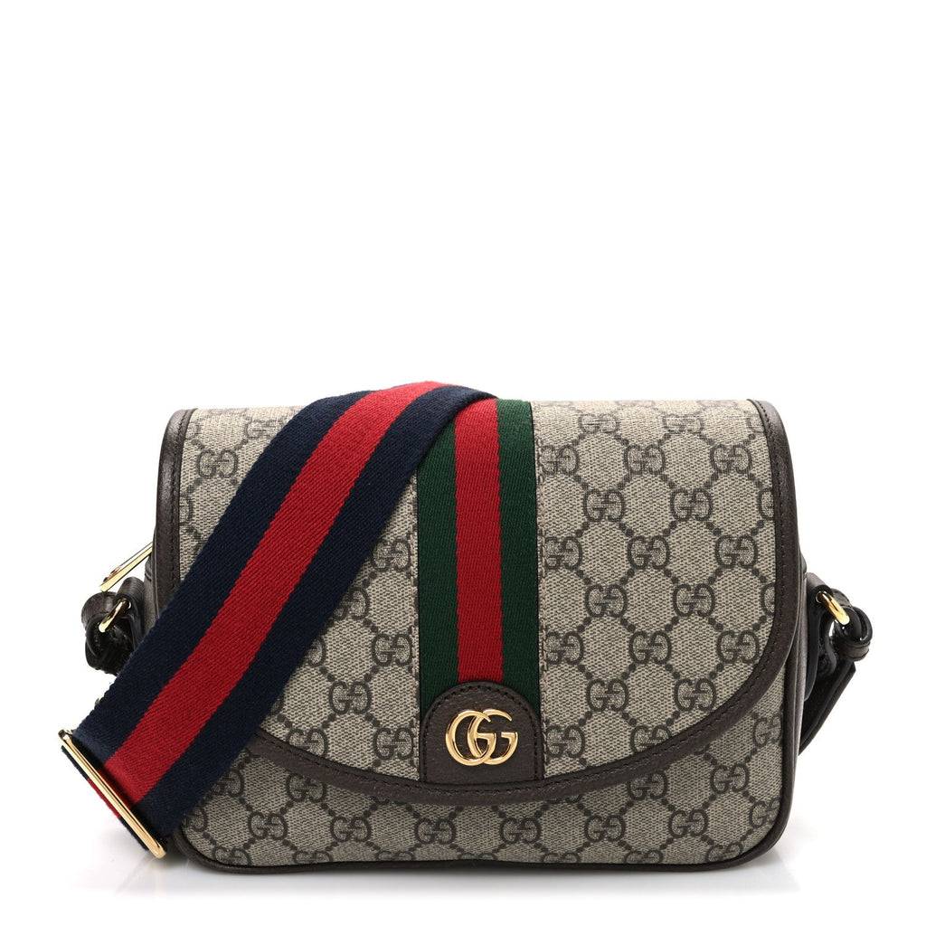 GG Supreme Monogram Textured Dollar Calfskin Web Studded Mini Ophidia Flap Shoulder Bag Beige Ebony New Acero