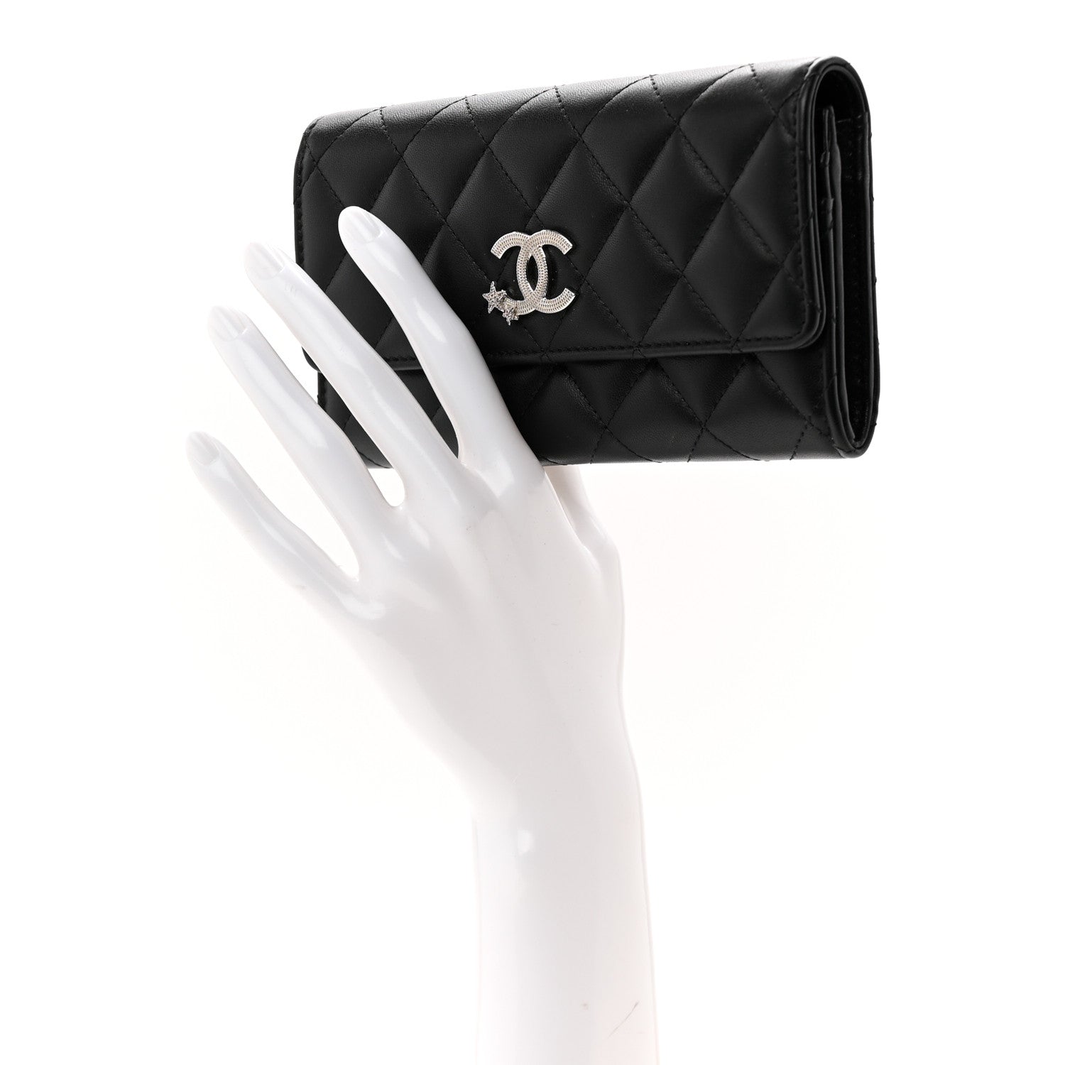 Calfskin Quilted Crystal CC Star Flap Wallet Black
