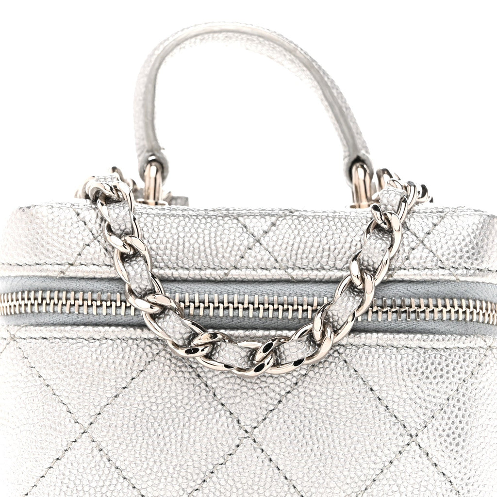 Metallic Caviar Quilted Mini Top Handle Vanity With Chain Silver