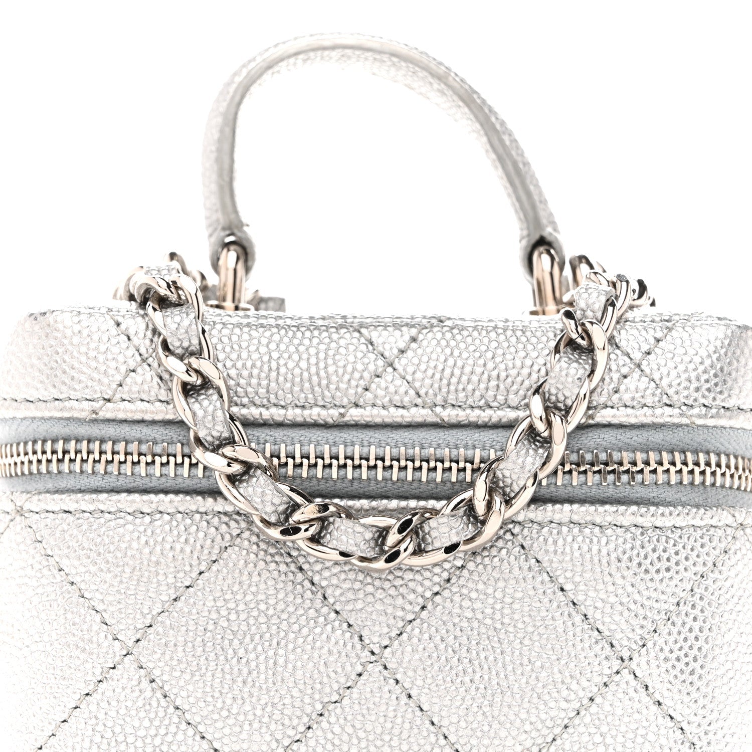 Metallic Caviar Quilted Mini Top Handle Vanity With Chain Silver