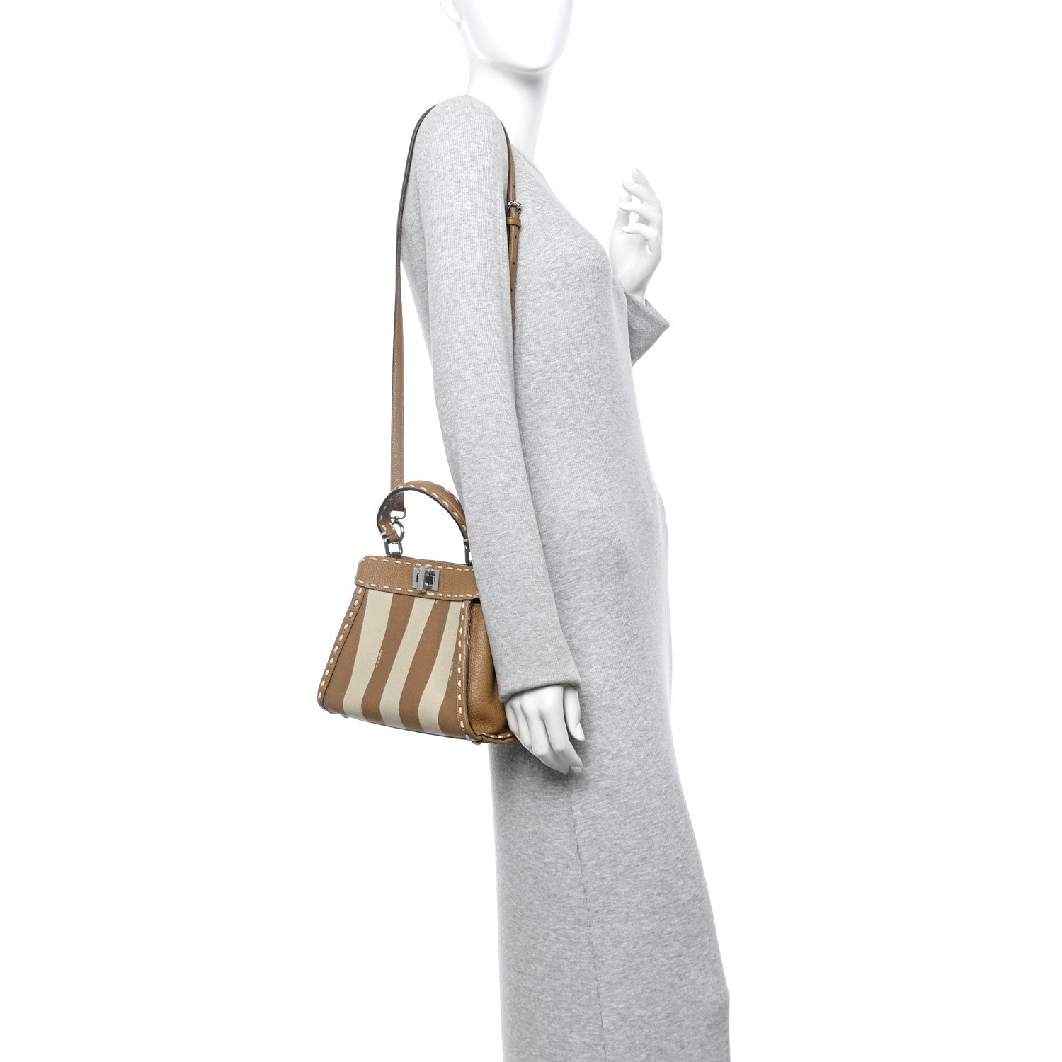 Cuoio Romano Canvas Pequin Striped Selleria Mini Peekaboo Iconic Satchel Beige Sand
