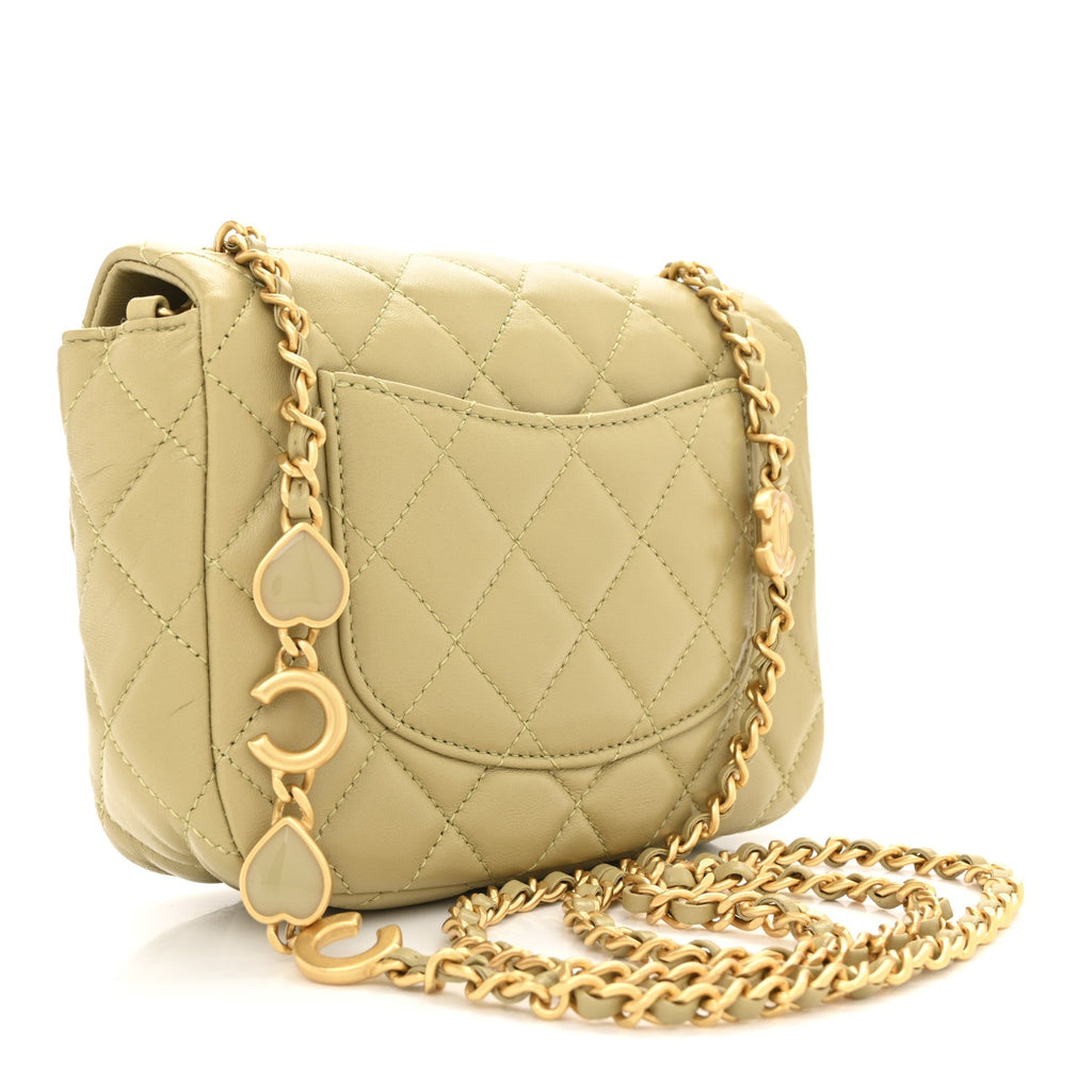 Lambskin Enamel Quilted Mini Coco Hearts Square Flap Light Green