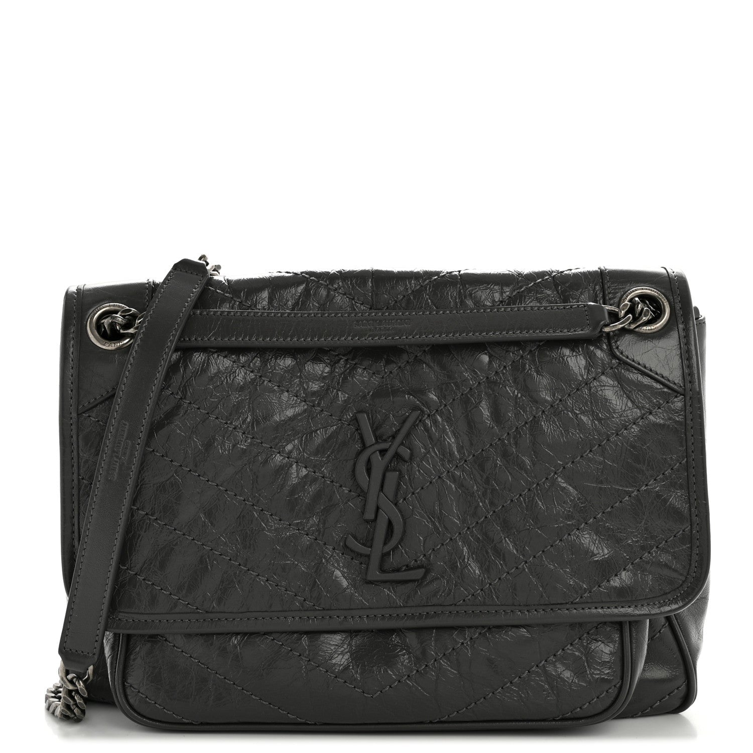 Crinkled Calfskin Matelasse Monogram Medium Niki Chain Satchel Storm
