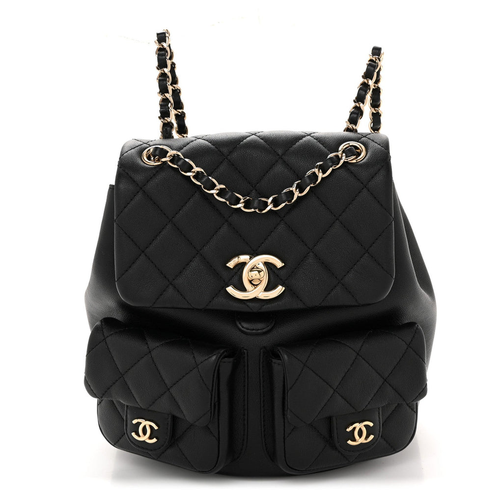 Calfskin Quilted Medium Duma Pockets Drawstring Backpack Black