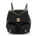 Calfskin Quilted Medium Duma Pockets Drawstring Backpack Black