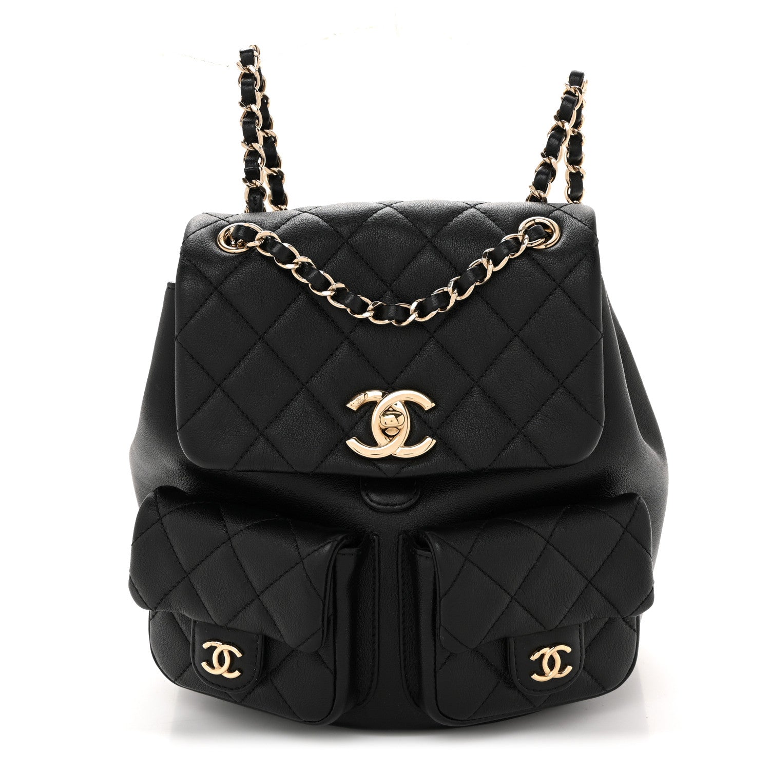 Calfskin Quilted Medium Duma Pockets Drawstring Backpack Black