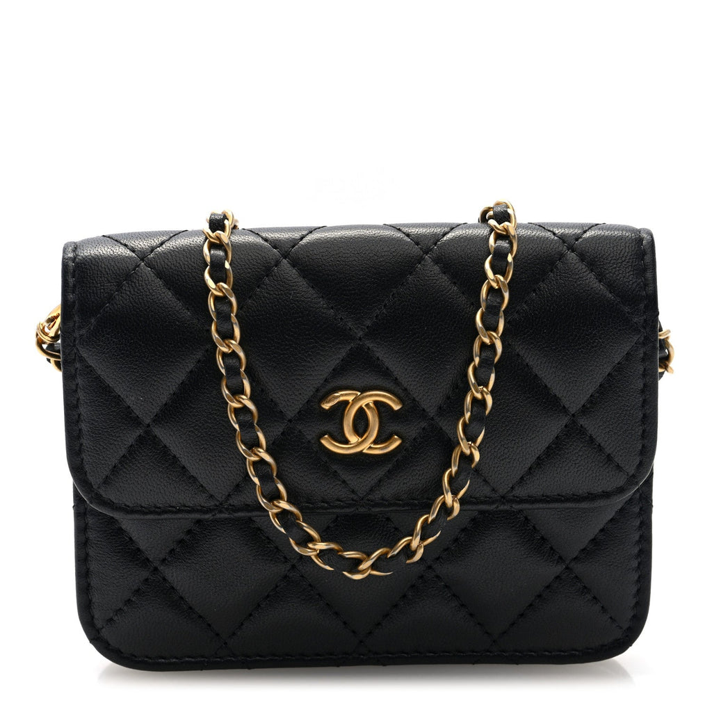 Lambskin Quilted Pearl Crush Flap With Chain Black