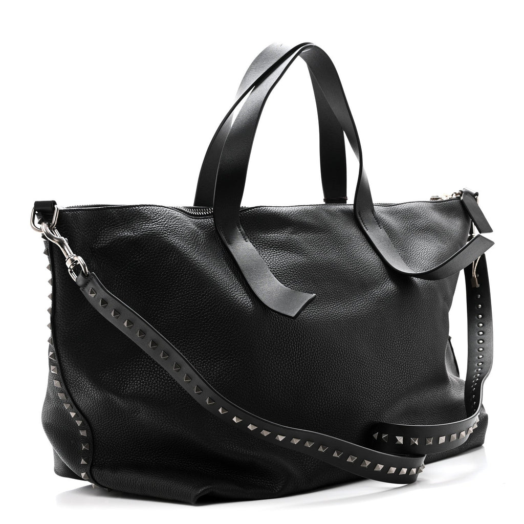 Grained Calfskin Rockstud Travel Tote Bag Black