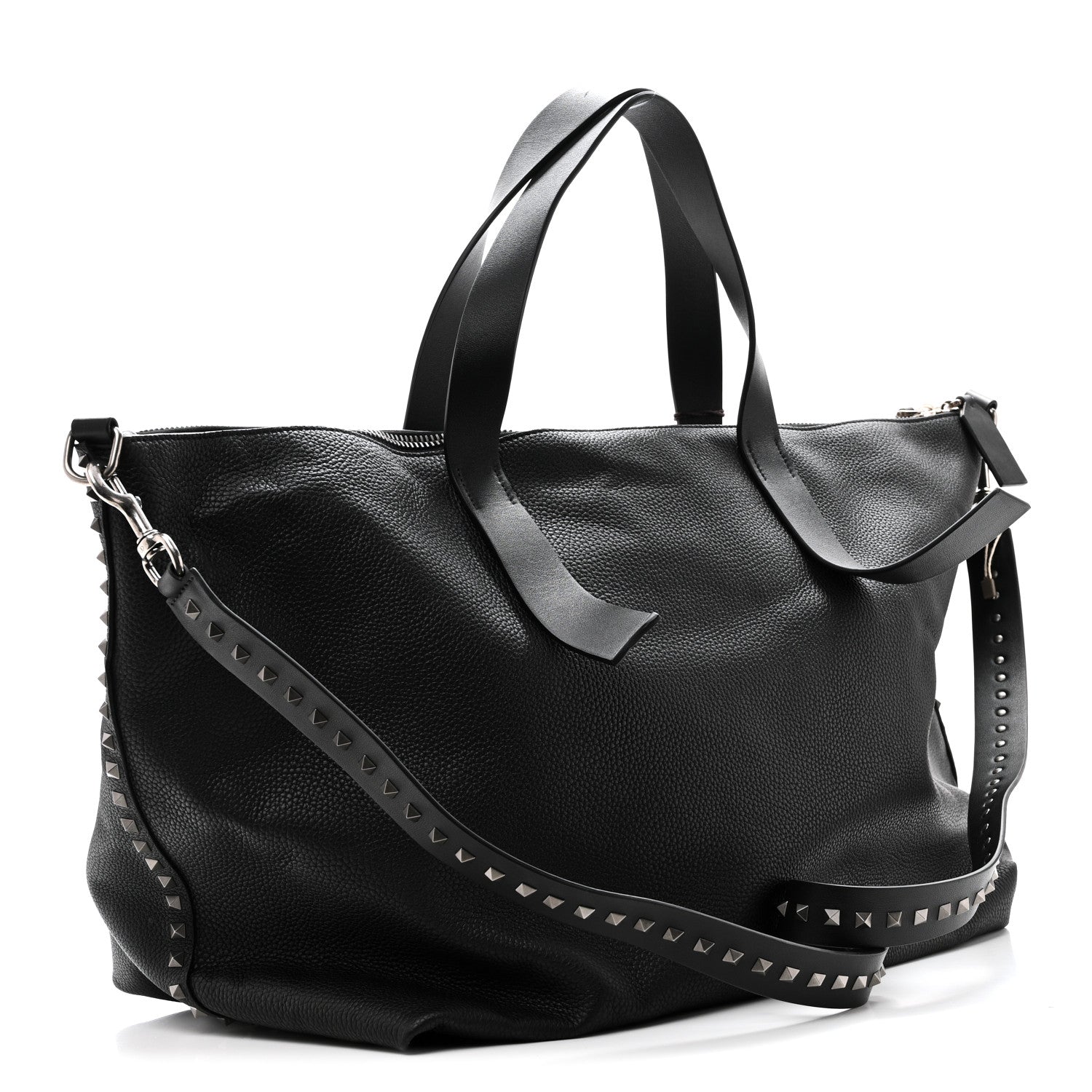 Grained Calfskin Rockstud Travel Tote Bag Black
