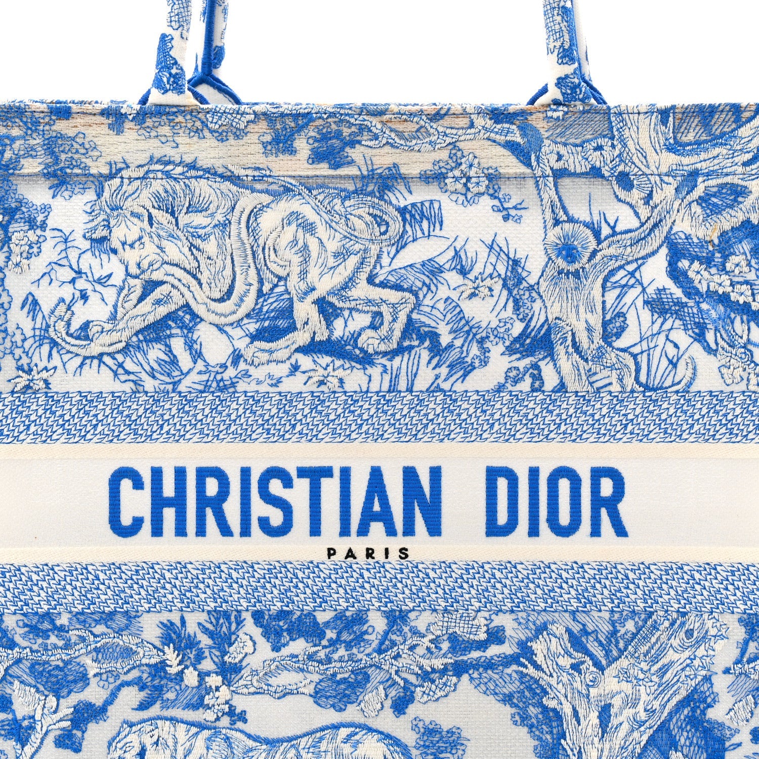 Transparent Canvas Embroidered Large Toile De Jouy Reverse Book Tote Fluorescent Blue