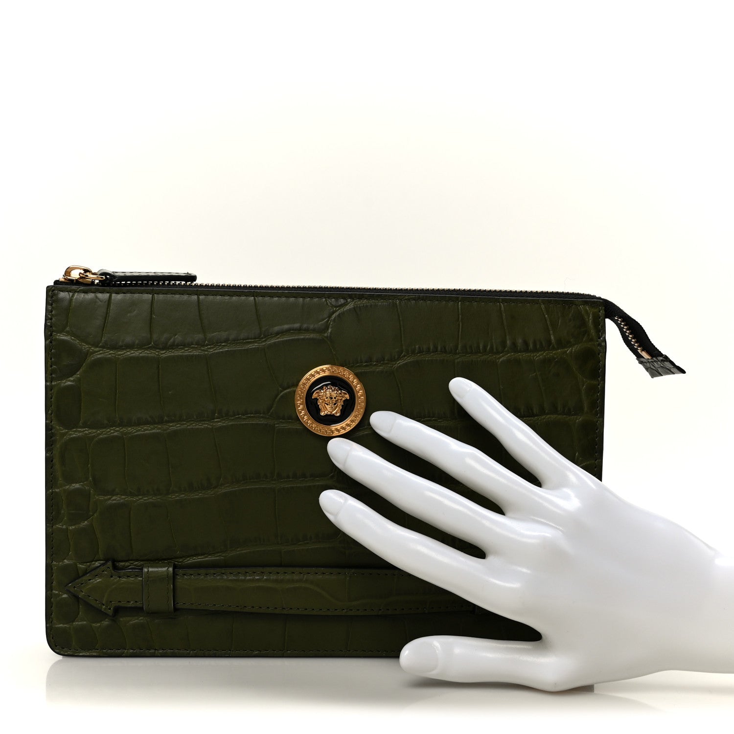 Calfskin Crocodile Embossed La Medusa Pouch Dark Olive