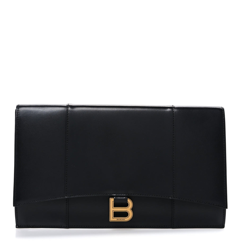 Shiny Box Calfskin Hourglass Flap Flat Pouch Black