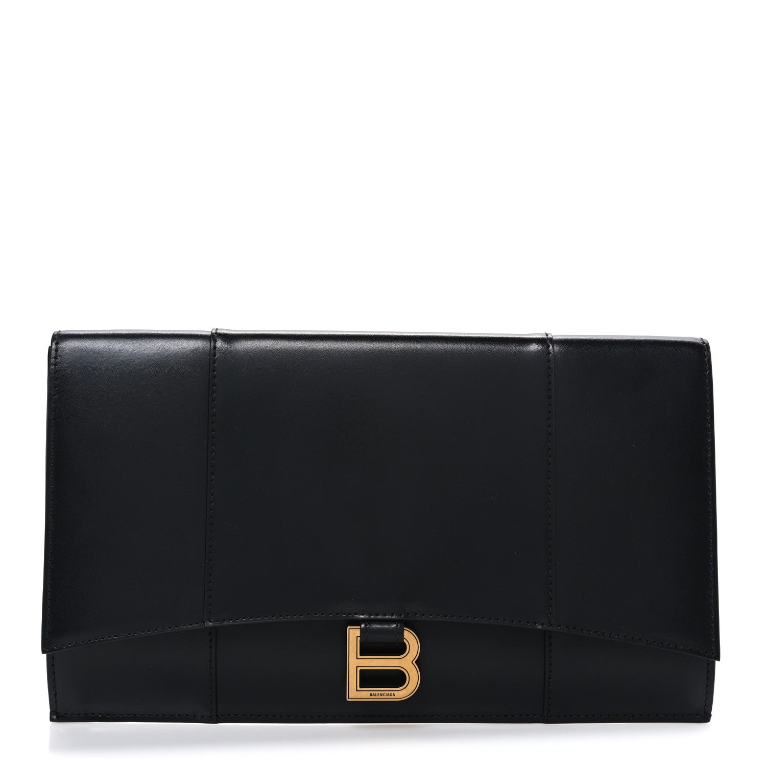 Shiny Box Calfskin Hourglass Flap Flat Pouch Black