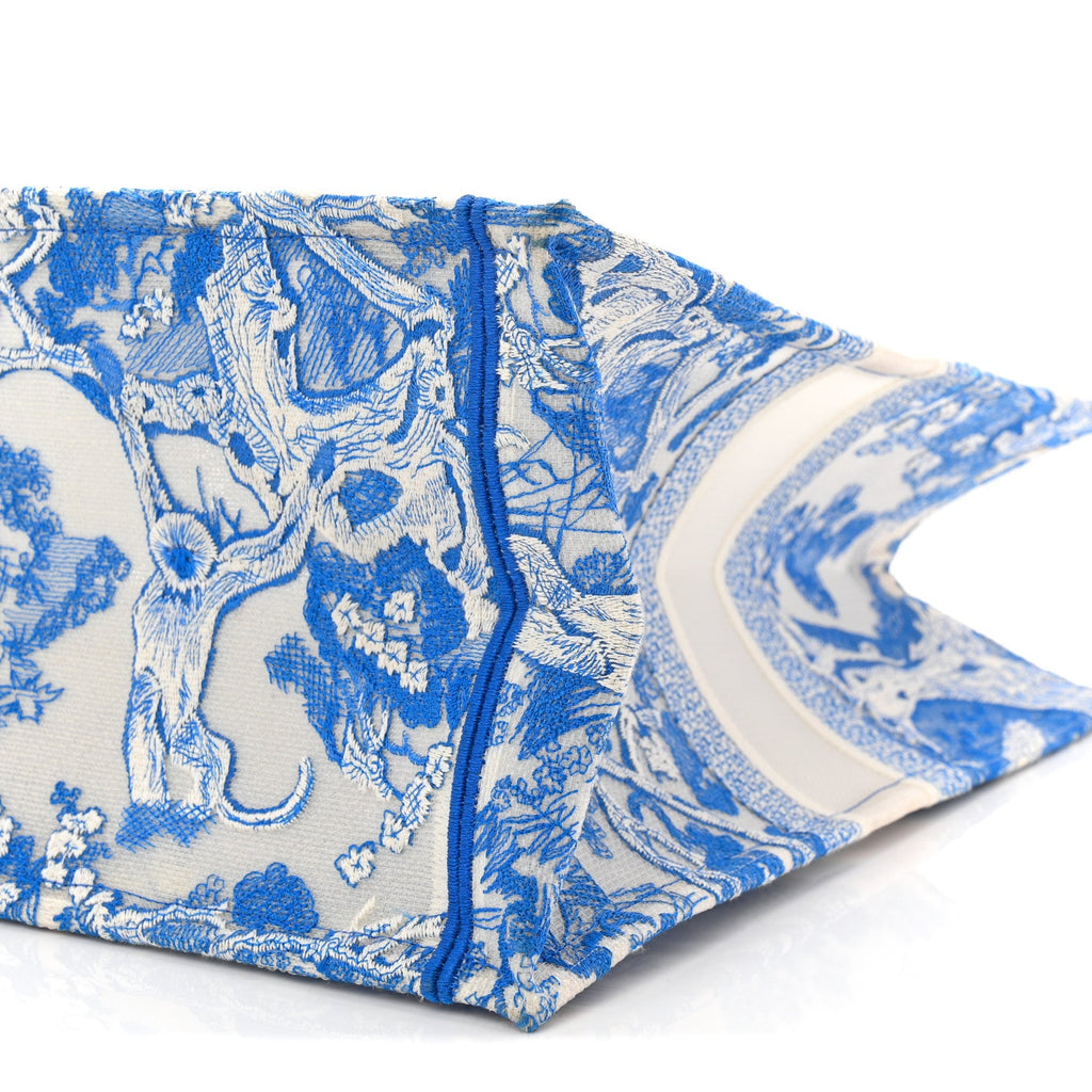 Transparent Canvas Embroidered Large Toile De Jouy Reverse Book Tote Fluorescent Blue