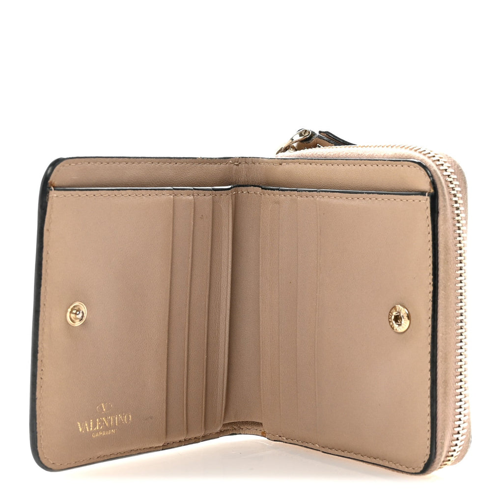 Nappa Rockstud Spike Compact Zip Around Wallet Poudre