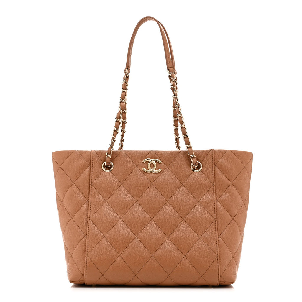 Caviar Quilted Small Shopping Tote Dark Beige