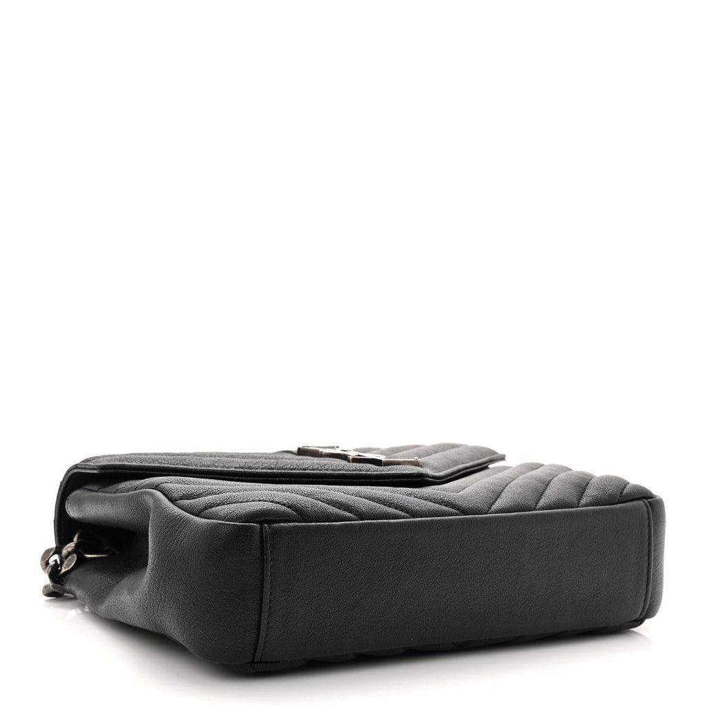 Sheepskin Matelasse Chevron Monogram Medium College Bag Black