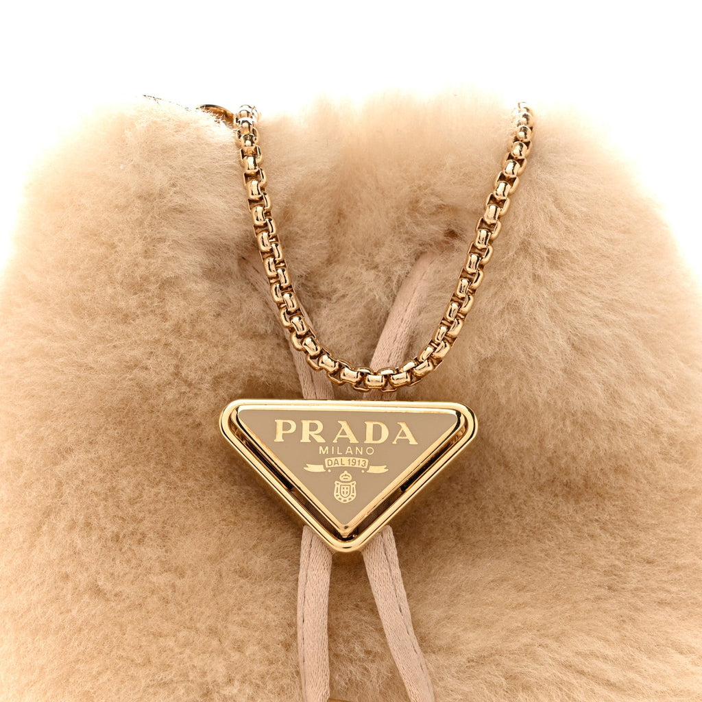 Shearling Metal Triangle Logo Mini Drawcord Pouch Shoulder Bag Ecru