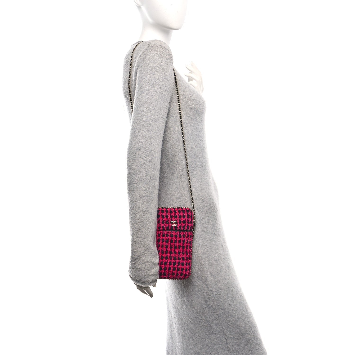 Tweed Chain Around Phone Holder Pink