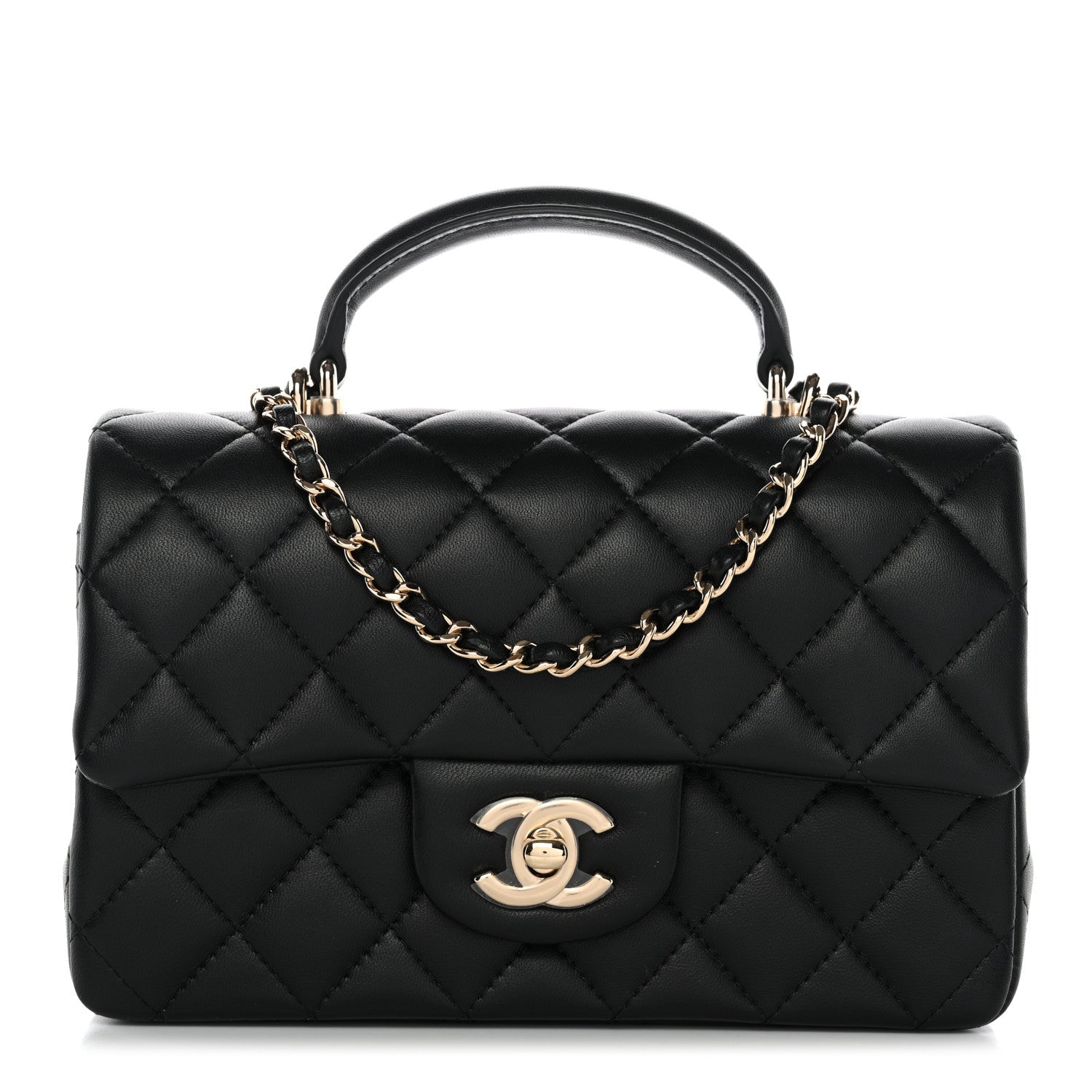 Lambskin Quilted Mini Top Handle Rectangular Flap Black