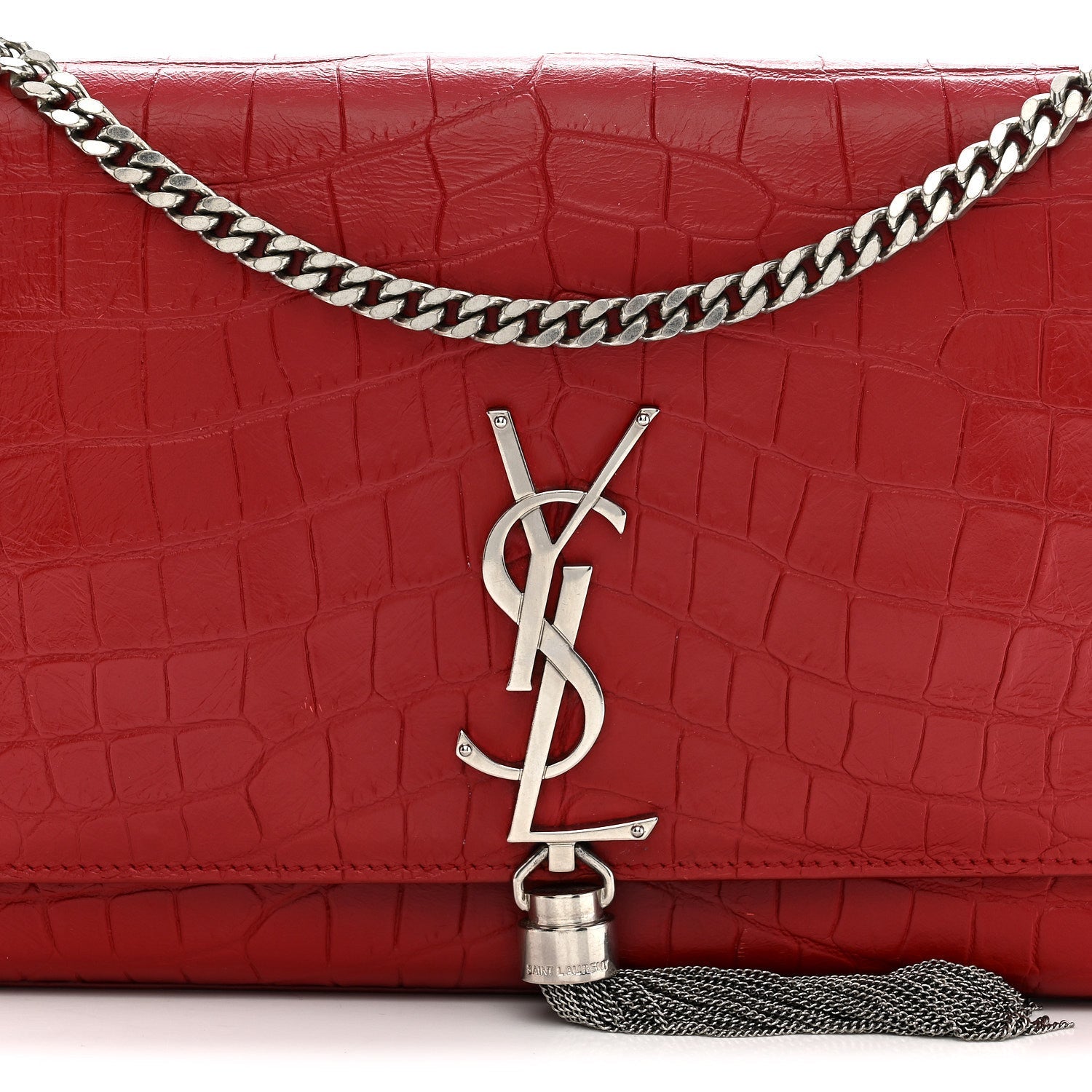 Calfskin Crocodile Embossed Medium Classic Monogram Kate Tassel Satchel New Red