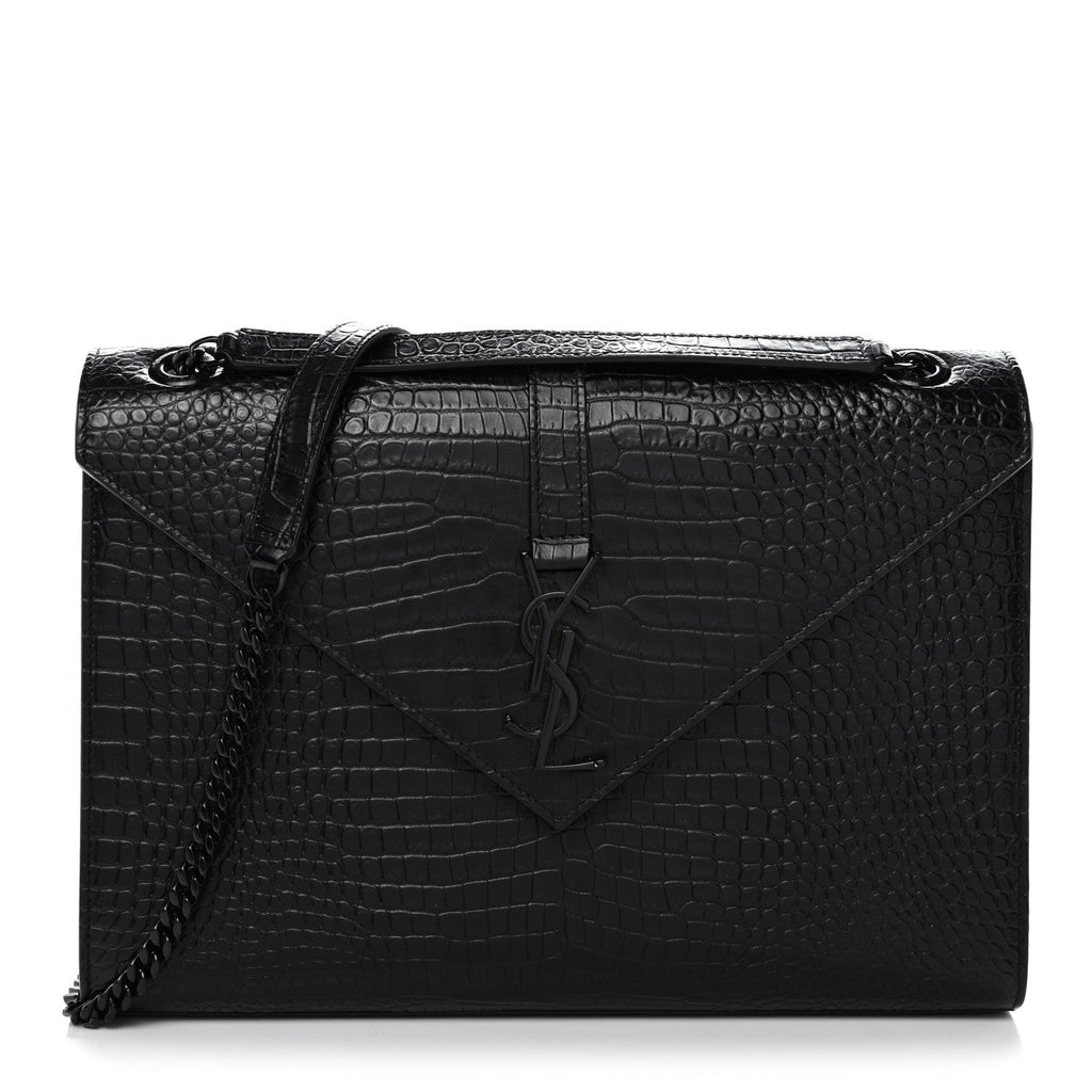 Calfskin Crocodile Embossed Monogram Large Satchel Black