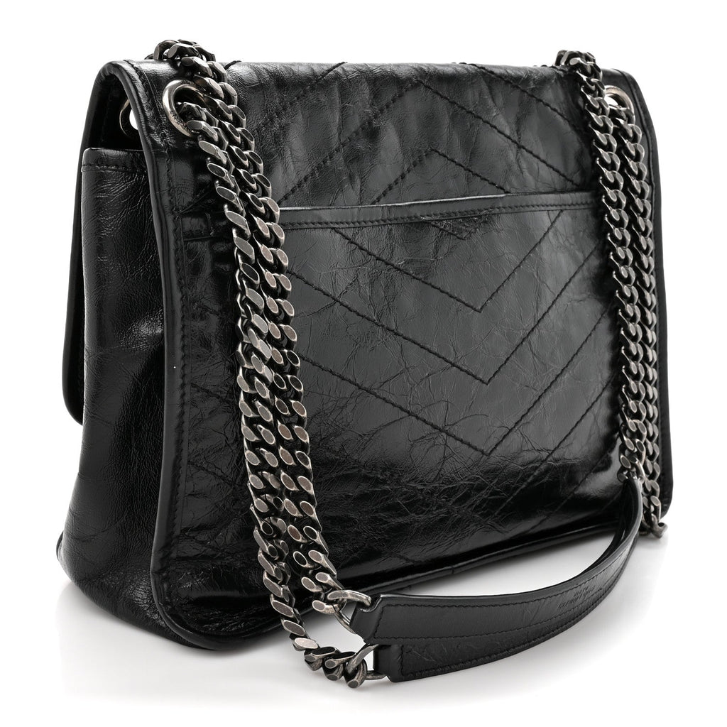 Crinkled Calfskin Matelasse Monogram Medium Niki Chain Satchel Black