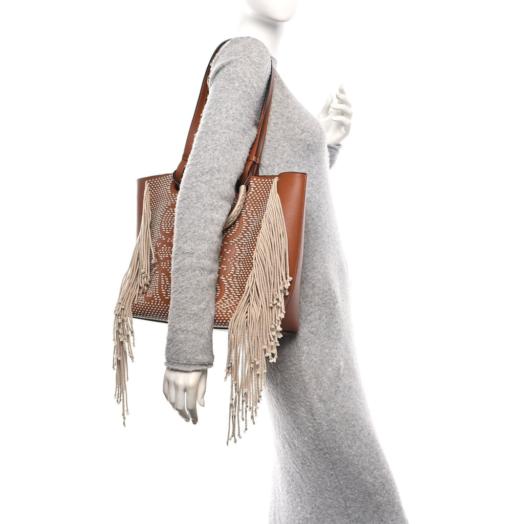 Smooth Calfskin Anagram Fringe Tote Tan