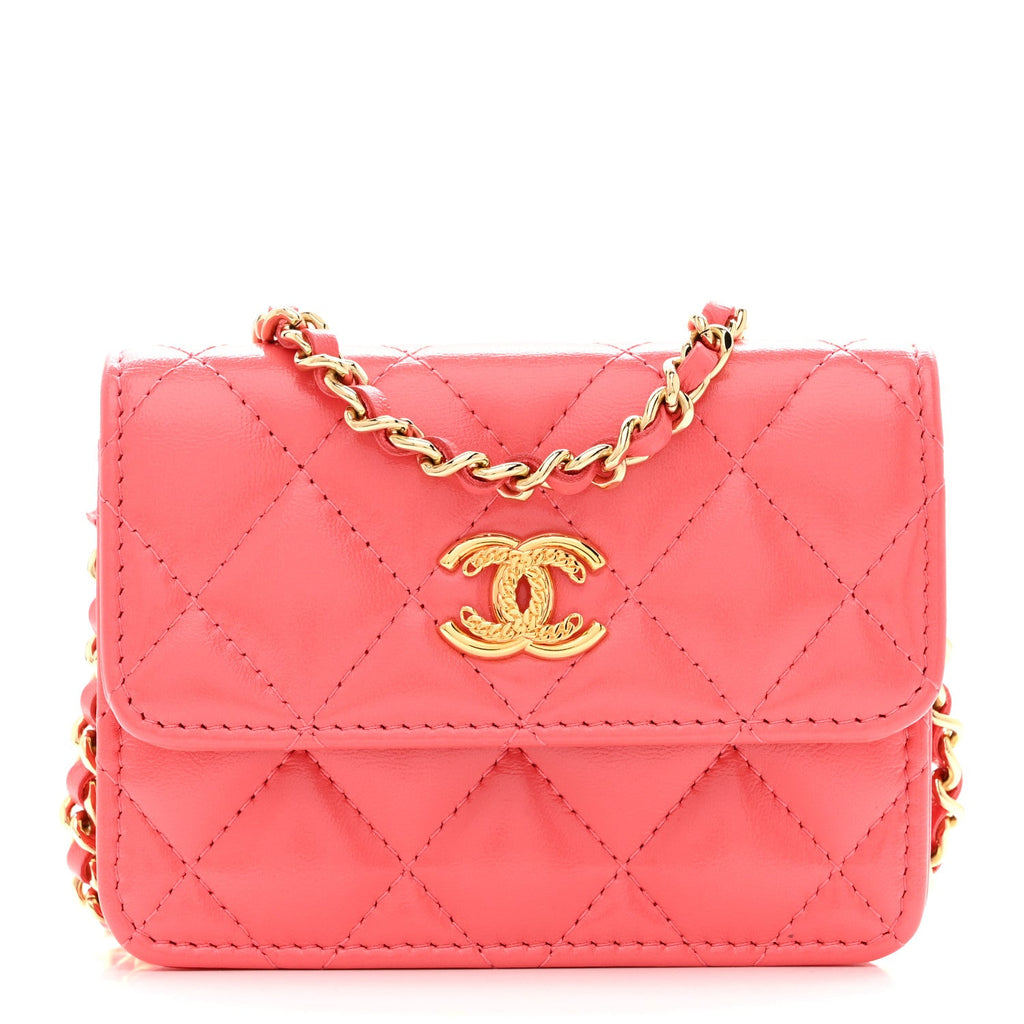 Shiny Lambskin Quilted  Holder On Chain Pink
