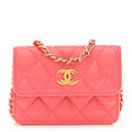 Shiny Lambskin Quilted  Holder On Chain Pink