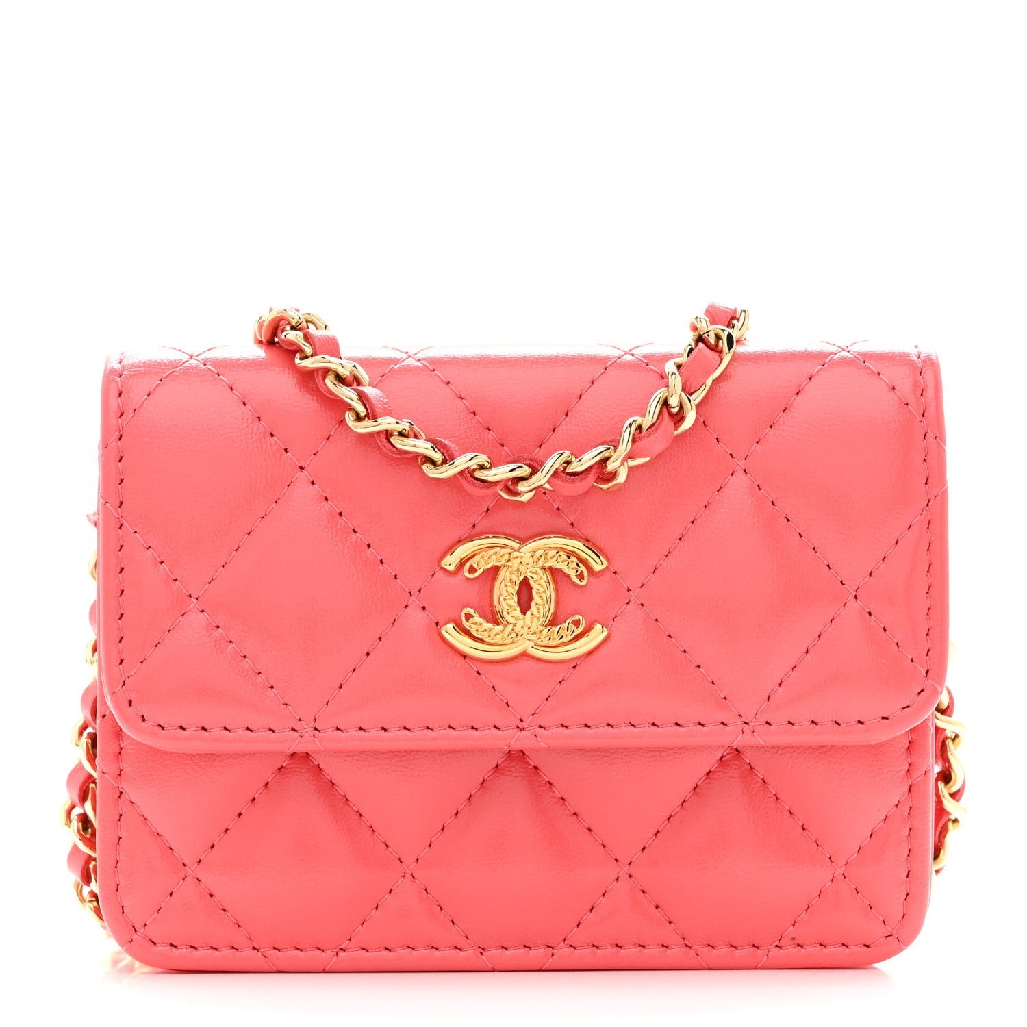 Shiny Lambskin Quilted  Holder On Chain Pink