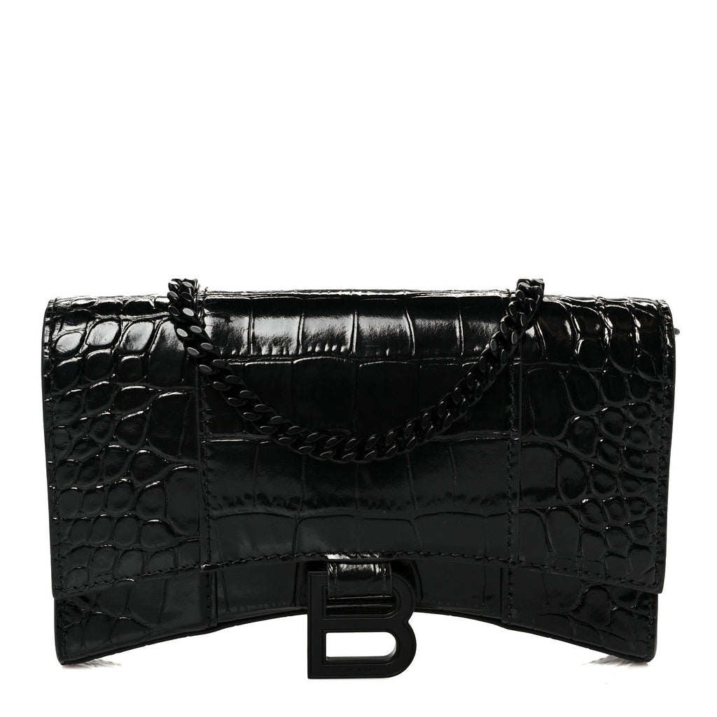 Shiny Calfskin Monochrome Crocodile Embossed Hourglass Chain Bag Black