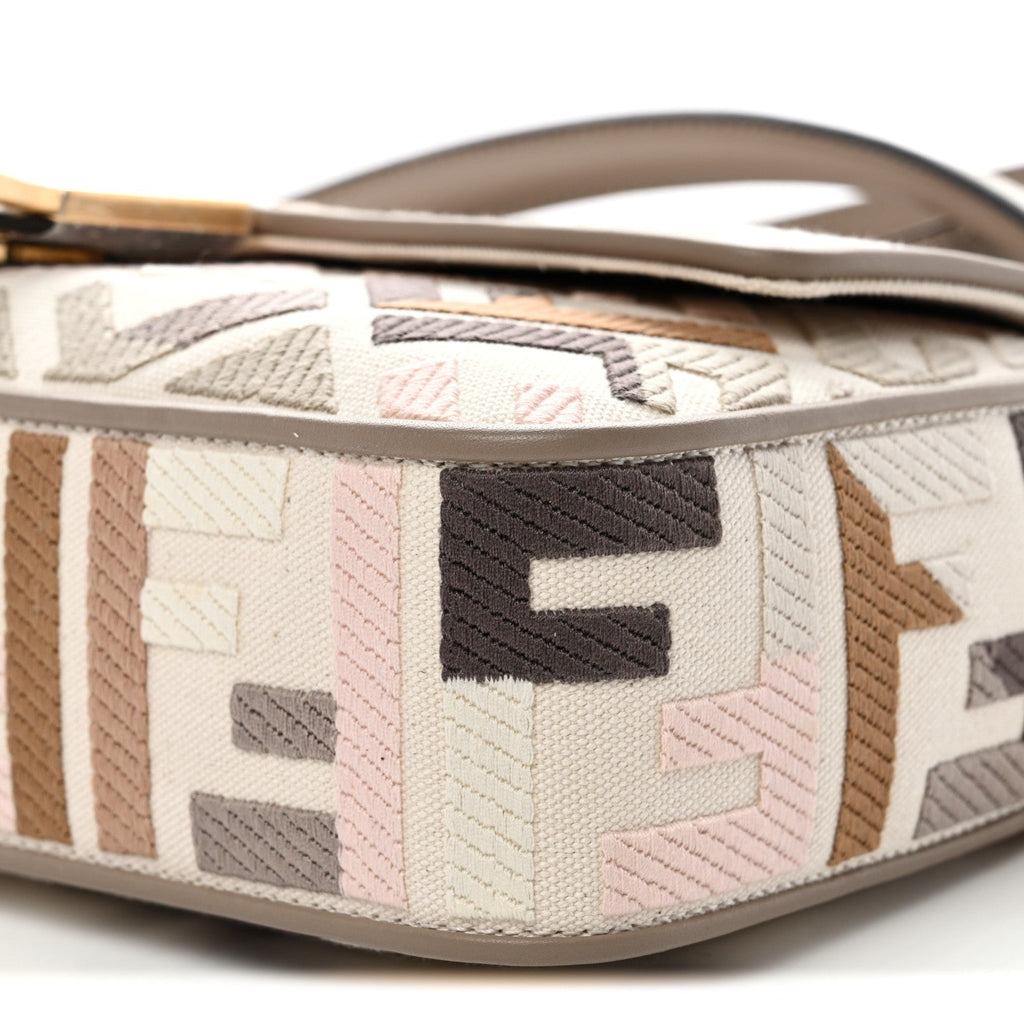 Canvas Vitello Seta FF Multicolor Embroidered Baguette Grezzo Multicolor Tortora