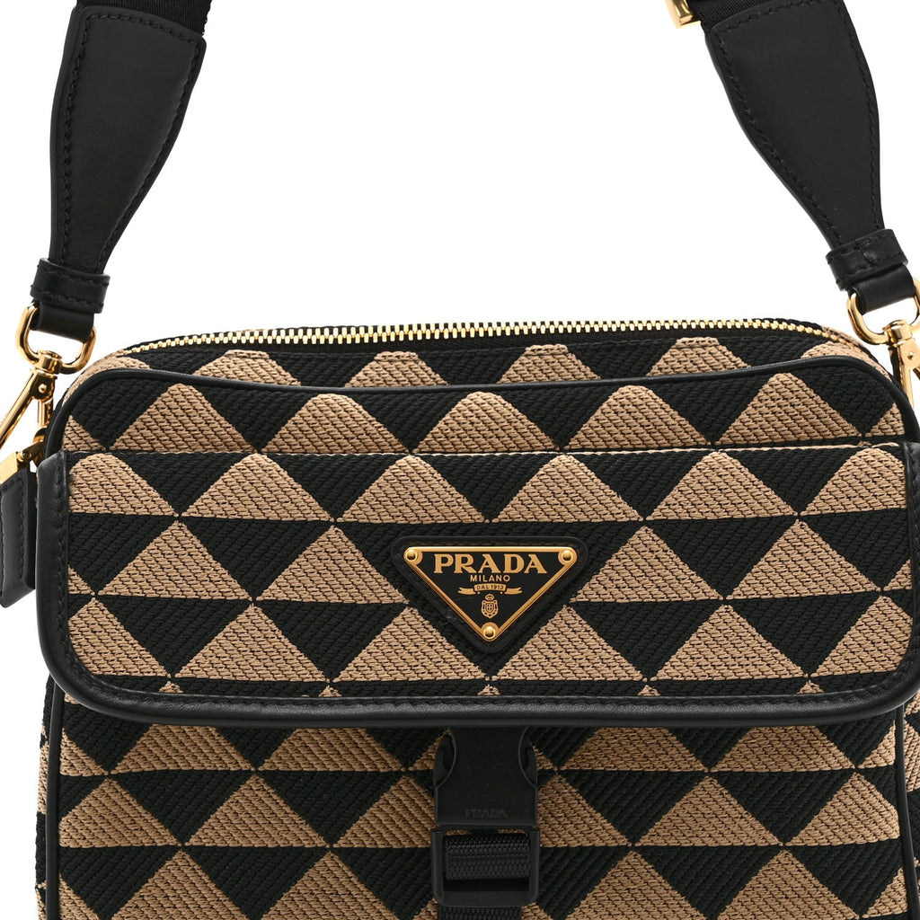 Jacquard Saffiano Triangolo Symbole Embroidered Pocket Single Snap Buckle Messenger Flap Bag  Black Corda